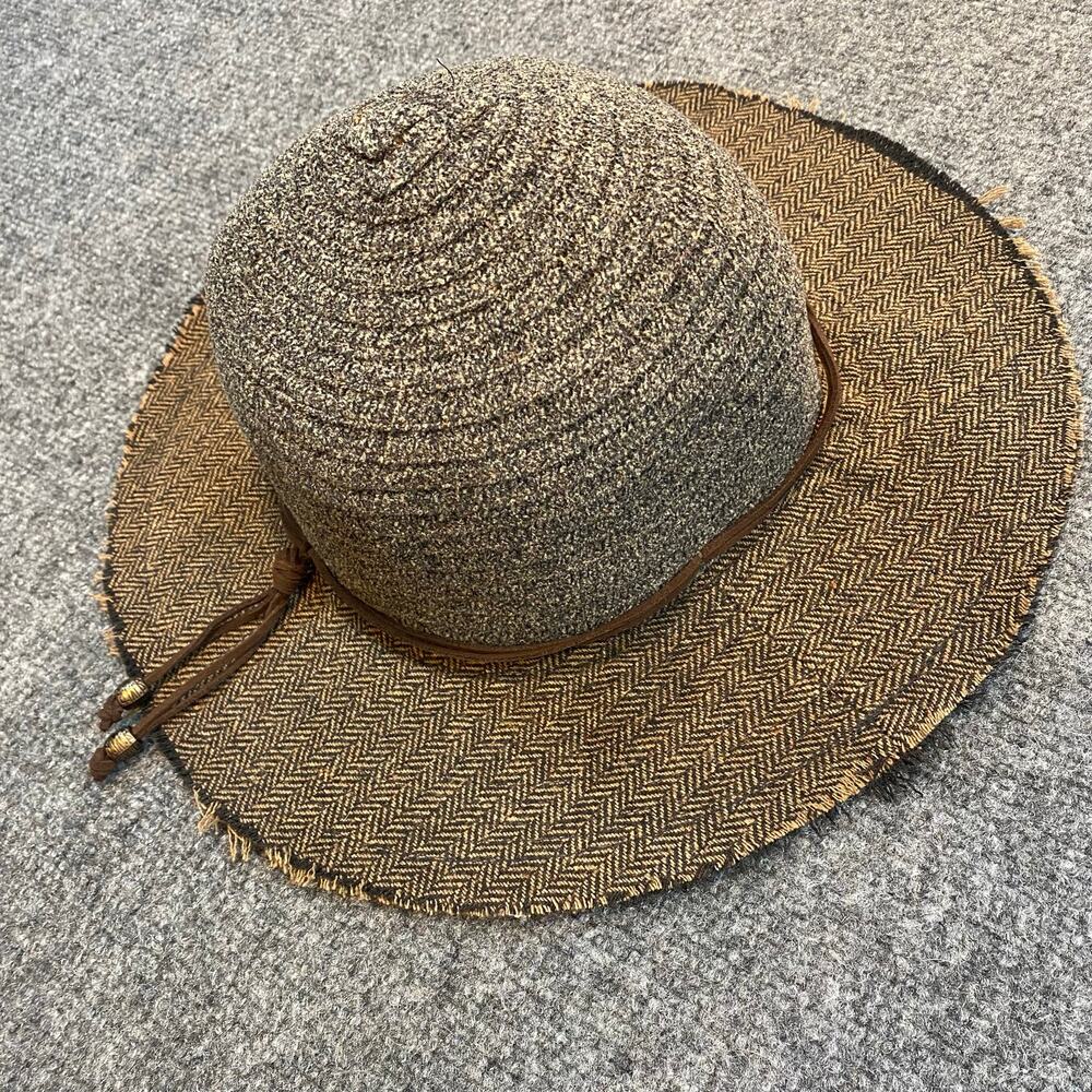 Four Buttons Brown Gray Wide Brim Panama Sun Hat Cord Bead Accent Women One Size